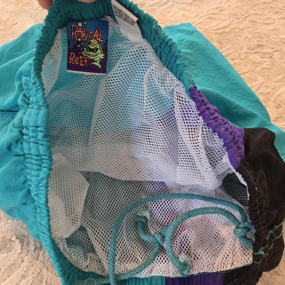 Vintage 1990s Radical Reef Teal and Purple Volleyball Swim Trunks